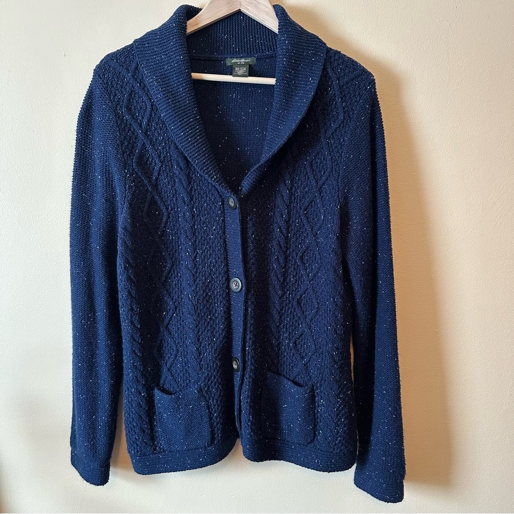 Eddie Bauer Women’s XL Cable Knit Cardigan Sweater Navy Blue Fisherman Coastal